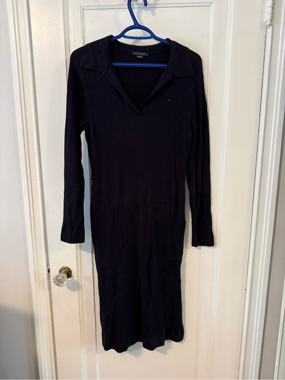 Tommy Hilfiger Navy Ribbed Long-Sleeve Polo Midi Dress